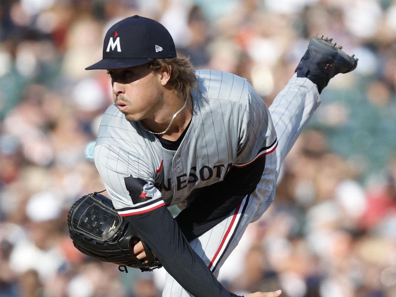 Jul 27, 2024; Detroit, Michigan, USA; Minnesota Twins pitcher Joe Ryan (41) throws during the third inning against the Detroit Tigers at Comerica Park. Mandatory Credit: Brian Bradshaw Sevald-USA TODAY Sports