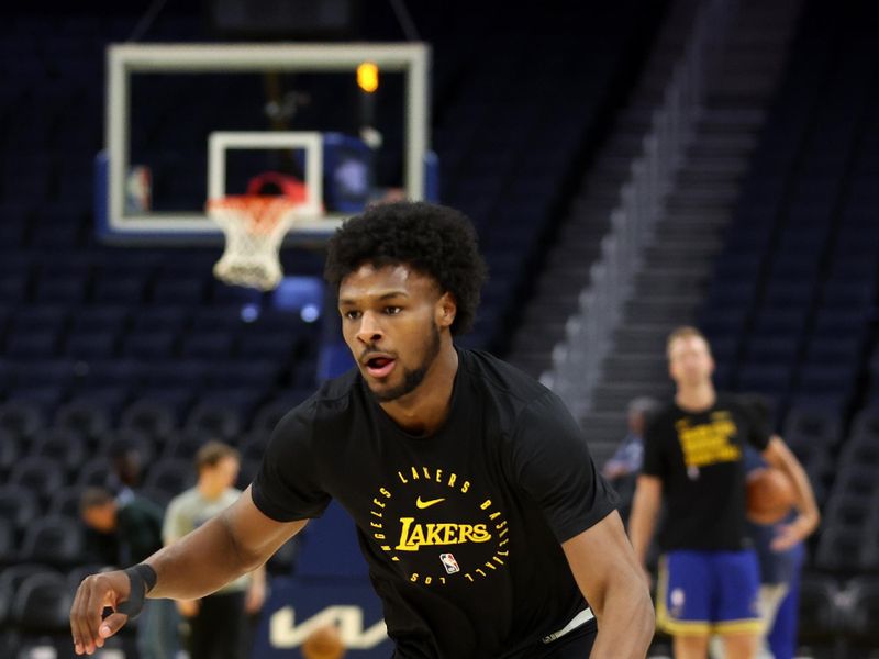 SAN FRANCISCO, CALIFORNIA - OCTOBER 18: Bronny James #9 of the Los Angeles Lakers warms up before their preseason game against the Golden State Warriors at Chase Center on October 18, 2024 in San Francisco, California.  NOTE TO USER: User expressly acknowledges and agrees that, by downloading and/or using this photograph, user is consenting to the terms and conditions of the Getty Images License Agreement.  (Photo by Ezra Shaw/Getty Images)