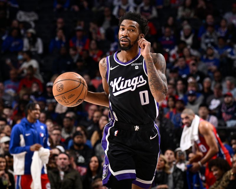 PHILADELPHIA, PA - JANUARY 12: Malik Monk #0 of the Sacramento Kings handles the ball during the game   on January 12, 2024 at the Wells Fargo Center in Philadelphia, Pennsylvania NOTE TO USER: User expressly acknowledges and agrees that, by downloading and/or using this Photograph, user is consenting to the terms and conditions of the Getty Images License Agreement. Mandatory Copyright Notice: Copyright 2024 NBAE (Photo by David Dow/NBAE via Getty Images)