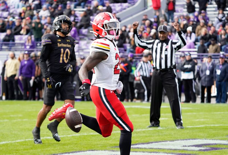 Oct 28, 2023; Evanston, Illinois, USA; Maryland Terrapins running back Roman Hemby (24) runs for a touchdown against the Northwestern Wildcats during the first half at Ryan Field. Mandatory Credit: David Banks-USA TODAY Sports