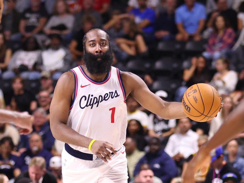 OCEANSIDE, CALIFORNIA - OCTOBER 08: James Harden #1 of the Los Angeles Clippers moves the ball up the court in the second quarter against the Brooklyn Nets at Frontwave Arena on October 08, 2024 in Oceanside, California. NOTE TO USER: User expressly acknowledges and agrees that, by downloading and or using this photograph, User is consenting to the terms and conditions of the Getty Images License Agreement. (Photo by Joe Scarnici/Getty Images)