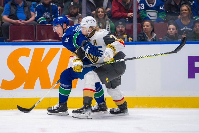 Apr 8, 2024; Vancouver, British Columbia, CAN; Vancouver Canucks defenseman Nikita Zadorov (91) battles with Vegas Golden Knights forward William Karlsson (71) in the first period  at Rogers Arena. Mandatory Credit: Bob Frid-USA TODAY Sports