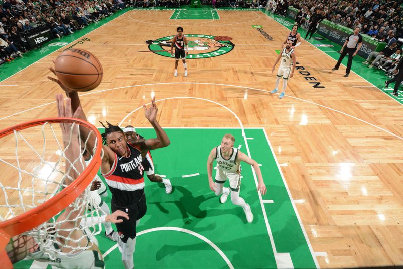 BOSTON, MA - APRIL 7: Jabari Walker #34 of the Portland Trail Blazers goes to the basket during the game on April 7, 2024 at the TD Garden in Boston, Massachusetts. NOTE TO USER: User expressly acknowledges and agrees that, by downloading and or using this photograph, User is consenting to the terms and conditions of the Getty Images License Agreement. Mandatory Copyright Notice: Copyright 2024 NBAE  (Photo by Brian Babineau/NBAE via Getty Images)