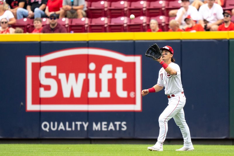 Aug 9, 2023; Cincinnati, OH, USA; Cincinnati Reds right fielder Stuart Fairchild (17) catches a fly ball hit by Miami Marlins right fielder Avisail Garcia (24) in the fourth inning of the MLB baseball game between Cincinnati Reds and Miami Marlins at Great American Ball Park in Cincinnati on Wednesday, Aug. 9, 2023.  Mandatory Credit: Albert Cesare-USA TODAY Sports
