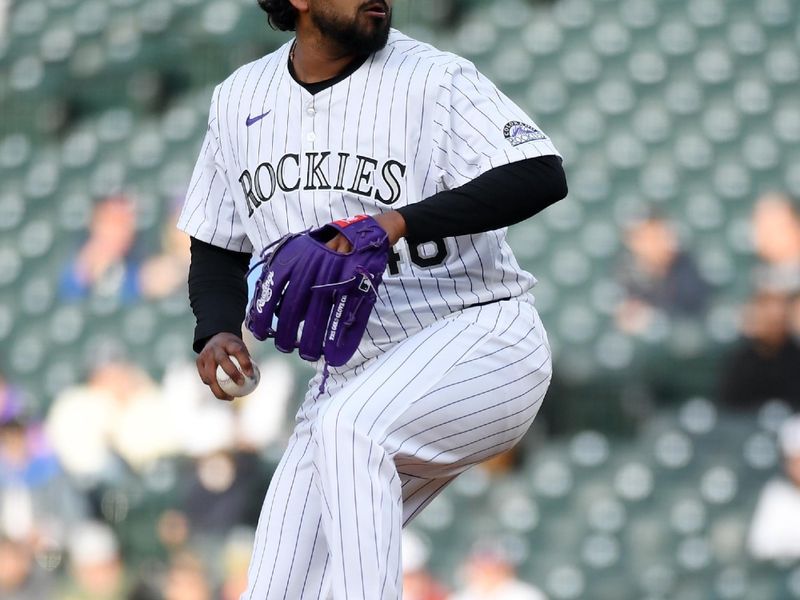 Apr 29, 2025; Denver, Colorado, USA; Colorado Rockies pitcher German Marquez (48) throws during the first inning against the Atlanta Braves at Coors Field. Mandatory Credit: Christopher Hanewinckel-Imagn Images