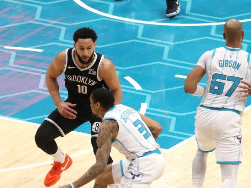 CHARLOTTE, NC - JANUARY 29: Ben Simmons #10 of the Brooklyn Nets plays defense during the game against the Charlotte Hornets  on January 29, 2025 at Spectrum Center in Charlotte, North Carolina. NOTE TO USER: User expressly acknowledges and agrees that, by downloading and or using this photograph, User is consenting to the terms and conditions of the Getty Images License Agreement. Mandatory Copyright Notice: Copyright 2025 NBAE (Photo by Brock Williams-Smith/NBAE via Getty Images)