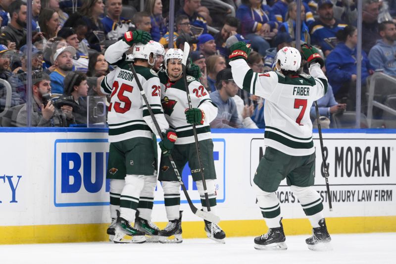 Oct 15, 2024; St. Louis, Missouri, USA; Minnesota Wild center Jakub Lauko (94) is congratulated by teammates after scoring a goal against the St. Louis Blues during the second period at Enterprise Center. Mandatory Credit: Jeff Le-Imagn Images