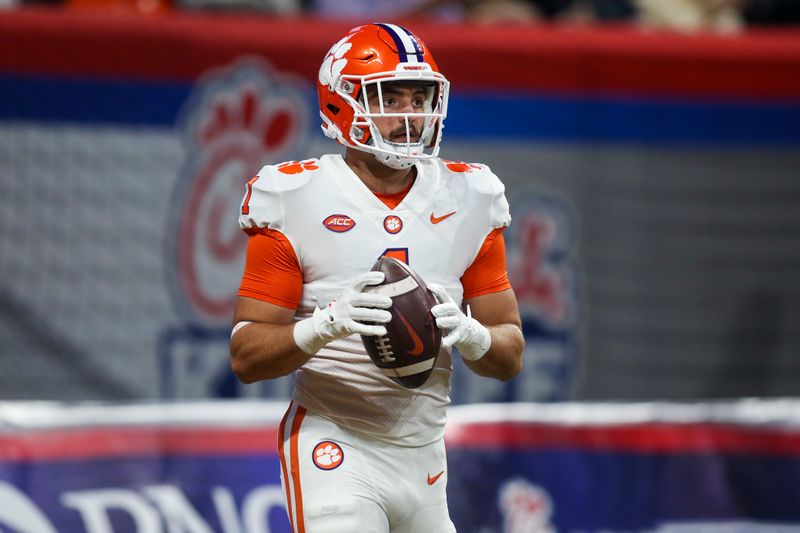 Sep 5, 2022; Atlanta, Georgia, USA; Clemson Tigers running back Will Shipley (1) prepares before a game against the Georgia Tech Yellow Jackets at Mercedes-Benz Stadium. Mandatory Credit: Brett Davis-USA TODAY Sports
