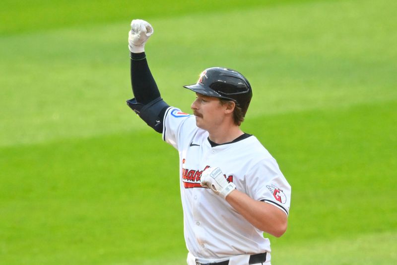 May 20, 2024; Cleveland, Ohio, USA; Cleveland Guardians designated hitter Kyle Manzardo (9) celebrates his RBI double in the fourth inning against the New York Mets at Progressive Field. Mandatory Credit: David Richard-USA TODAY Sports