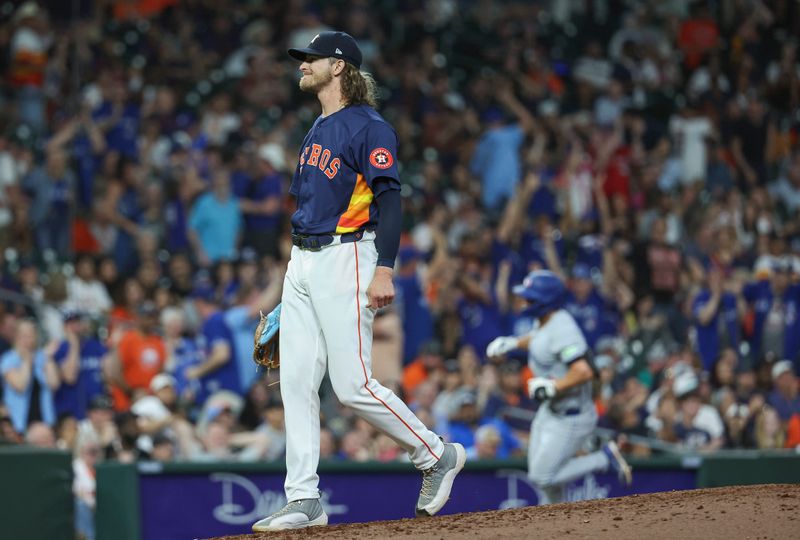 Apr 2, 2024; Houston, Texas, USA; Houston Astros relief pitcher Josh Hader (71) reacts and Toronto Blue Jays left fielder Davis Schneider (36) rounds the bases after hitting a home run during the ninth inning at Minute Maid Park. Mandatory Credit: Troy Taormina-USA TODAY Sports