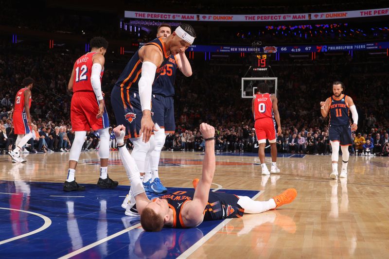 NEW YORK, NY - APRIL 22:  Donte Divincenzo #0 of the New York Knicks celebrates during the game against the Philadelphia 76ers during Round 1 Game 2 of the 2024 NBA Playoffs on April 22, 2024 at Madison Square Garden in New York City, New York.  NOTE TO USER: User expressly acknowledges and agrees that, by downloading and or using this photograph, User is consenting to the terms and conditions of the Getty Images License Agreement. Mandatory Copyright Notice: Copyright 2024 NBAE  (Photo by Nathaniel S. Butler/NBAE via Getty Images)