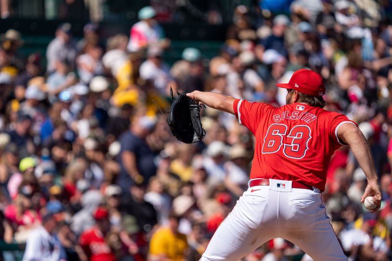 Mar 10, 2024; Tempe, Arizona, USA; Los Angeles Angeles pitcher Chase Silseth (63) on the mound in the second inning during a spring training game against the San Diego Padres at Tempe Diablo Stadium. Mandatory Credit: Allan Henry-USA TODAY Sports