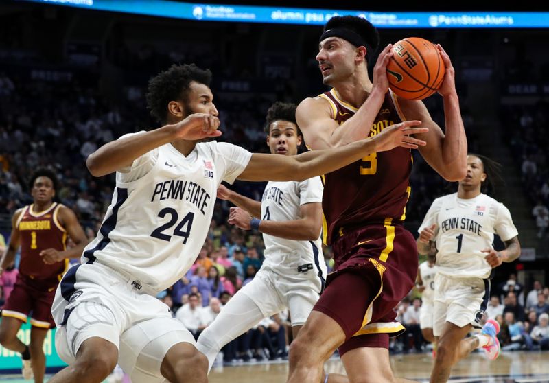 Jan 27, 2024; University Park, Pennsylvania, USA; Minnesota Golden Gophers forward Dawson Garcia (3) drives the ball to the basket as Penn State Nittany Lions forward Zach Hicks (24) defends during the second half at Bryce Jordan Center. Minnesota defeated Penn State 83-74. Mandatory Credit: Matthew O'Haren-USA TODAY Sports