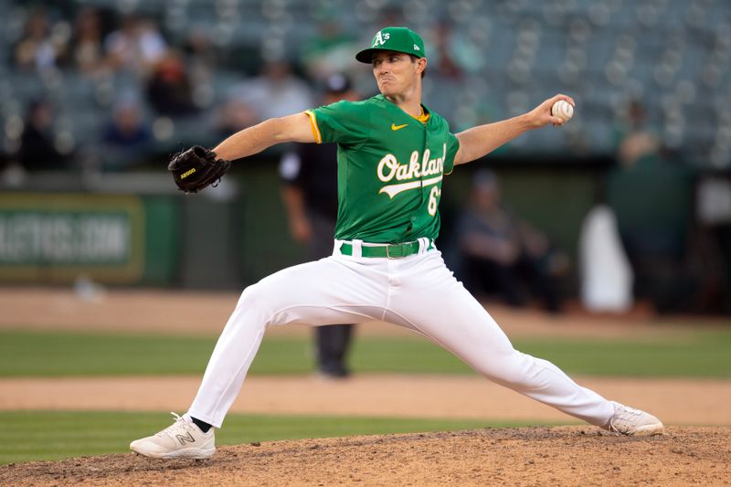 May 8, 2024; Oakland, California, USA; Oakland Athletics pitcher Easton Lucas (67) delivers a pitch against the Texas Rangers during the ninth inning at Oakland-Alameda County Coliseum. Mandatory Credit: D. Ross Cameron-USA TODAY Sports