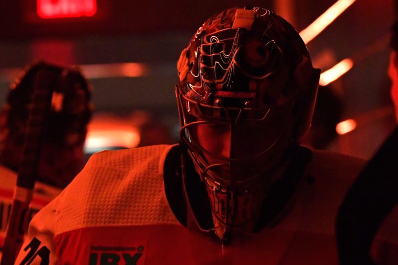 Jan 8, 2024; Philadelphia, Pennsylvania, USA; Philadelphia Flyers goaltender Carter Hart (79) in the tunnel against the Pittsburgh Penguins at Wells Fargo Center. Mandatory Credit: Eric Hartline-USA TODAY Sports