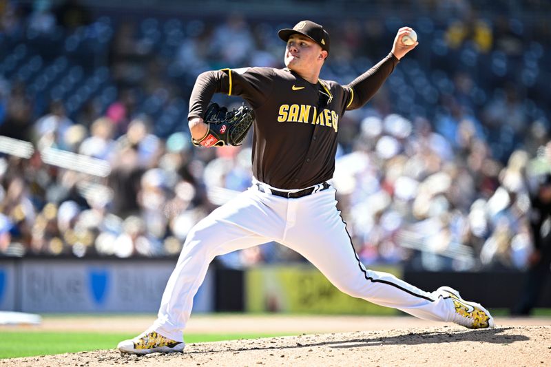 Mar 26, 2024; San Diego, California, USA; San Diego Padres relief pitcher Adrian Morejon (50) throws a pitch against the Seattle Mariners during the sixth inning at Petco Park. Mandatory Credit: Orlando Ramirez-USA TODAY Sports