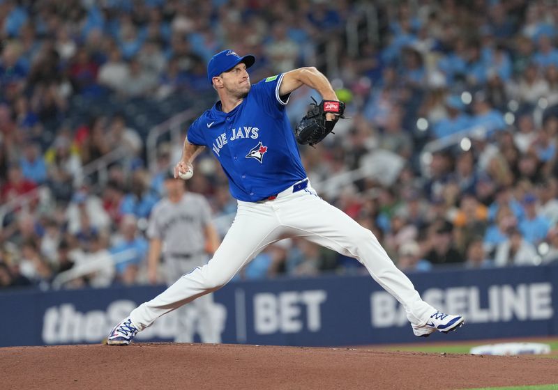 Jun 30, 2025; Toronto, Ontario, CAN; Toronto Blue Jays starting pitcher Max Scherzer (31) throws a pitch against the New York Yankees during the first inning at Rogers Centre. Mandatory Credit: Nick Turchiaro-Imagn Images
