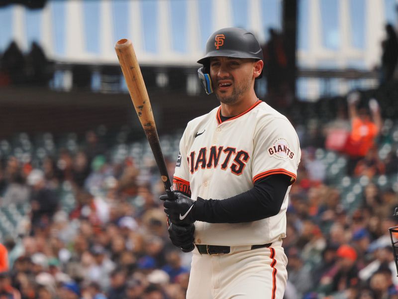 Apr 24, 2024; San Francisco, California, USA; San Francisco Giants left fielder Michael Conforto (8) at bat against the New York Mets during the first inning at Oracle Park. Mandatory Credit: Kelley L Cox-USA TODAY Sports