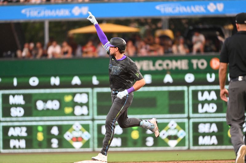 Jun 21, 2024; Pittsburgh, Pennsylvania, USA; Tampa Bay Rays batter Josh Lowe rounds the bases after hitting a home run against the Pittsburgh Pirates during the sixth inning at PNC Park. Mandatory Credit: Philip G. Pavely-USA TODAY Sports