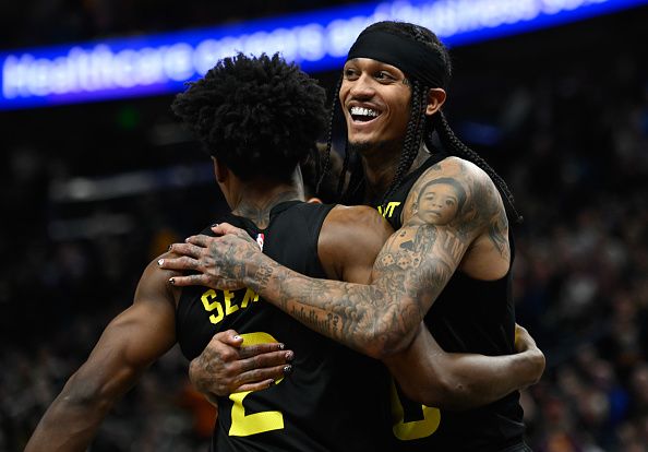 SALT LAKE CITY, UTAH - JANUARY 01: Collin Sexton #2 and Jordan Clarkson #00 of the Utah Jazz celebrates Clarkson's triple-double during the second half of a game against the Dallas Mavericks at Delta Center on January 01, 2024 in Salt Lake City, Utah. NOTE TO USER: User expressly acknowledges and agrees that, by downloading and or using this photograph, User is consenting to the terms and conditions of the Getty Images License Agreement. (Photo by Alex Goodlett/Getty Images)