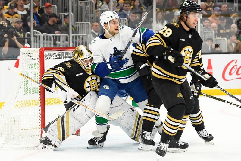 Feb 8, 2024; Boston, Massachusetts, USA; Vancouver Canucks center Teddy Blueger (53) screens Boston Bruins goaltender Linus Ullmark (35) during the second period at TD Garden. Mandatory Credit: Bob DeChiara-USA TODAY Sports