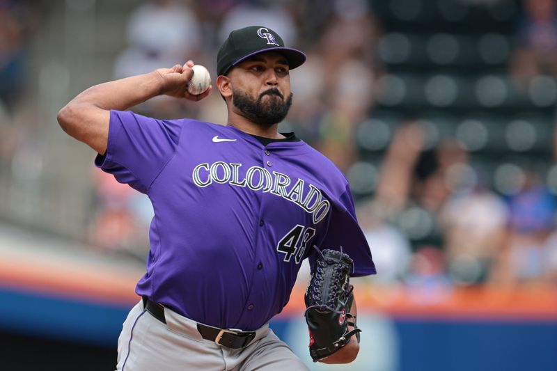 Jul 14, 2024; New York City, New York, USA; Colorado Rockies starting pitcher German Marquez (48) delivers a pitch during the third inning against the New York Mets at Citi Field. Mandatory Credit: Vincent Carchietta-USA TODAY Sports
