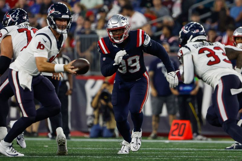 New England Patriots' Keion White during an NFL preseason football game against the Houston Texans at Gillette Stadium, Thursday, Aug. 10, 2023 in Foxborough, Mass. (Winslow Townson/AP Images for Panini)