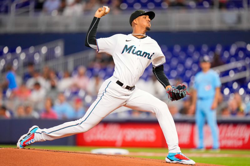 Jun 20, 2023; Miami, Florida, USA; Miami Marlins starting pitcher Eury Perez (39) throws a pitch against the Toronto Blue Jays during the first inning at loanDepot Park. Mandatory Credit: Rich Storry-USA TODAY Sports