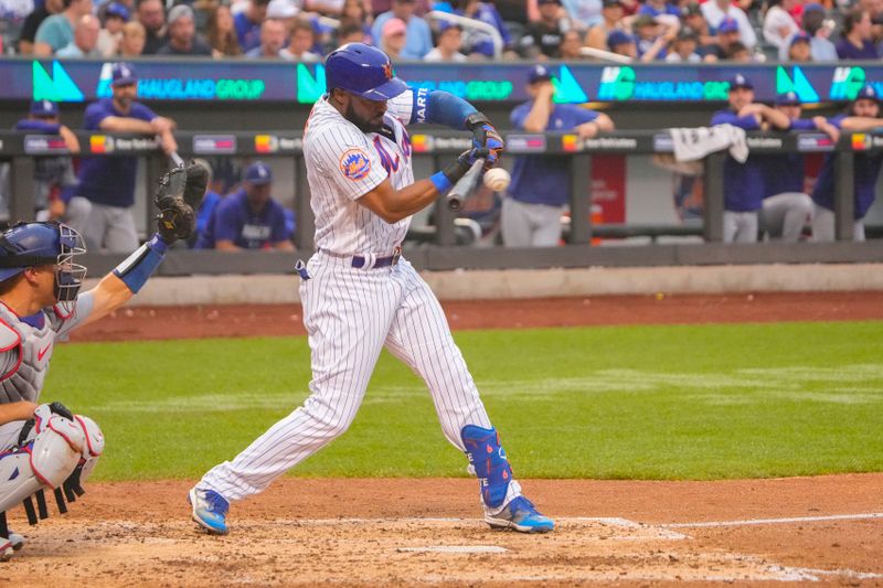 Jul 16, 2023; New York City, New York, USA; New York Mets right fielder Starling Marte (6) hits a single during the fifth inning at Citi Field. Mandatory Credit: Gregory Fisher-USA TODAY Sports