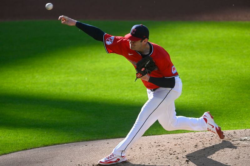 May 26, 2025; Cleveland, Ohio, USA; Cleveland Guardians starting pitcher Gavin Williams (32) delivers a pitch in the first inning against the Los Angeles Dodgers  at Progressive Field. Mandatory Credit: David Richard-Imagn Images