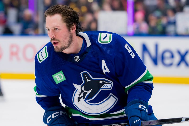 Mar 9, 2024; Vancouver, British Columbia, CAN; Vancouver Canucks forward J.T. Miller (9) skates during warm up prior to a game against the Winnipeg Jets at Rogers Arena. Mandatory Credit: Bob Frid-USA TODAY Sports