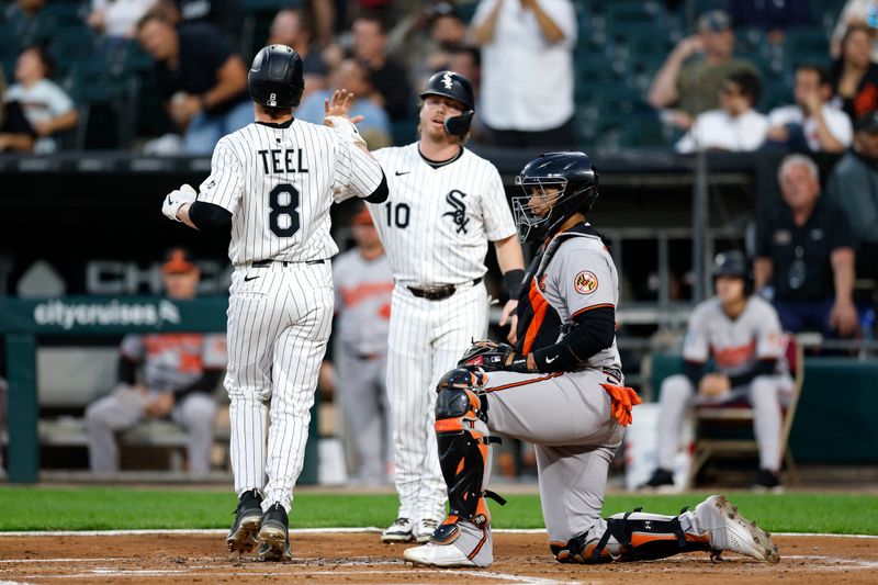 Sep 16, 2025; Chicago, Illinois, USA; Chicago White Sox catcher Kyle Teel (8) crosses home plate after hitting a two-run home run against the Baltimore Orioles during the first inning at Rate Field. Mandatory Credit: Kamil Krzaczynski-Imagn Images