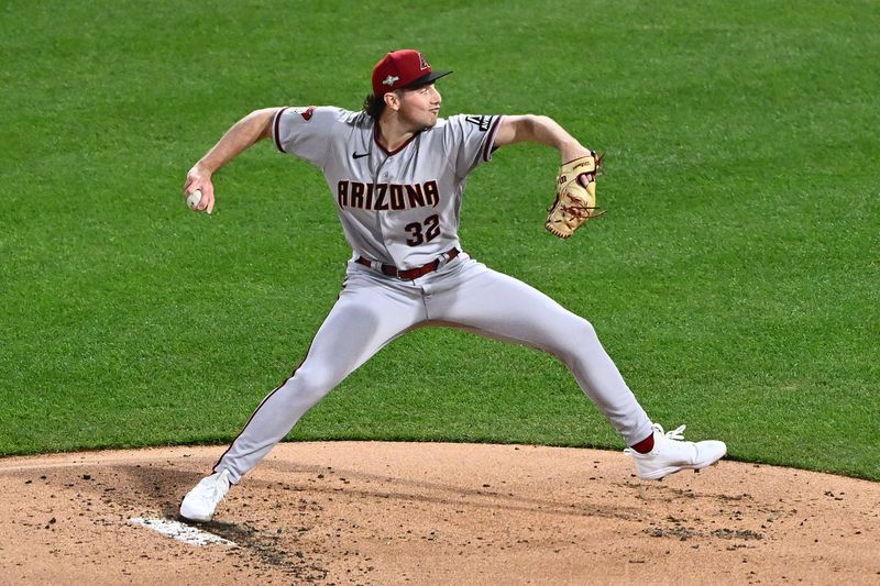 Oct 24, 2023; Philadelphia, Pennsylvania, USA; Arizona Diamondbacks starting pitcher Brandon Pfaadt (32) throws a pitch against the Philadelphia Phillies in the first inning during game seven of the NLCS for the 2023 MLB playoffs at Citizens Bank Park. Mandatory Credit: Kyle Ross-USA TODAY Sports