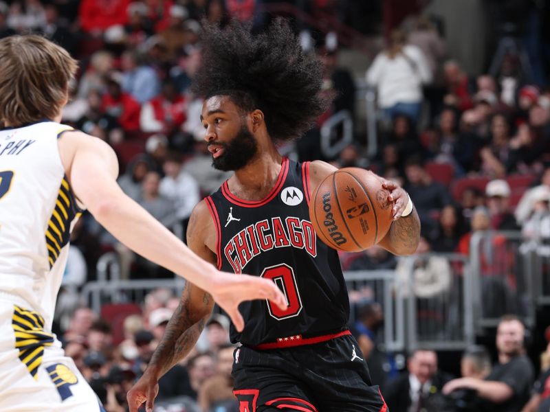 CHICAGO, IL - DECEMBER 6: Coby White #0 of the Chicago Bulls looks to pass the ball during the game against the Indiana Pacers on December 6, 2024 at United Center in Chicago, Illinois. NOTE TO USER: User expressly acknowledges and agrees that, by downloading and or using this photograph, User is consenting to the terms and conditions of the Getty Images License Agreement. Mandatory Copyright Notice: Copyright 2024 NBAE (Photo by Jeff Haynes/NBAE via Getty Images)