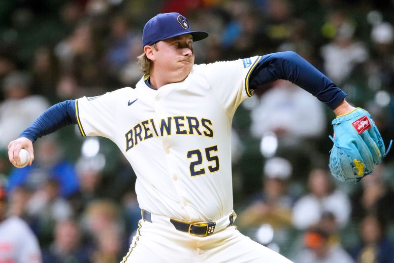 May 19, 2025; Milwaukee, Wisconsin, USA;  Milwaukee Brewers pitcher Nick Mears (25) throws a pitch during the seventh inning against the Baltimore Orioles at American Family Field. Mandatory Credit: Jeff Hanisch-Imagn Images