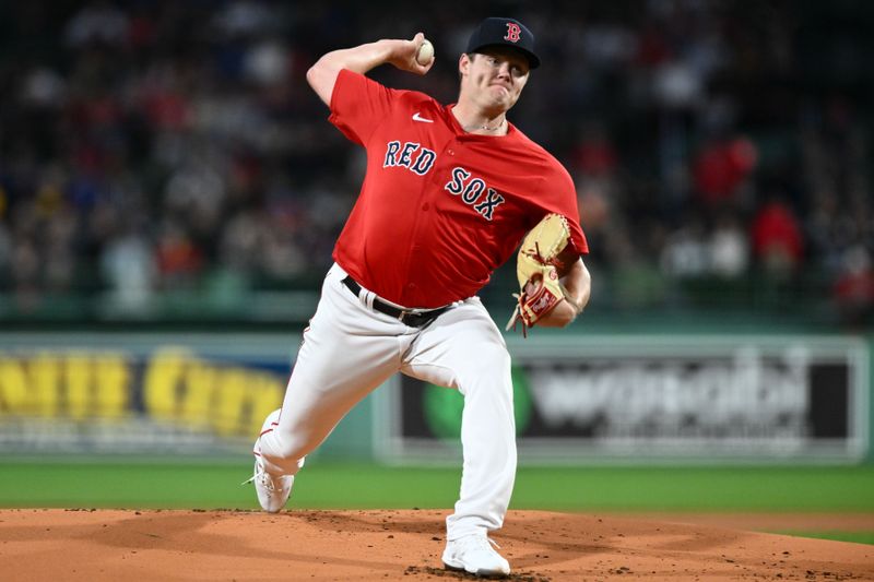 Sep 20, 2024; Boston, Massachusetts, USA; Boston Red Sox starting pitcher Richard Fitts (80) pitches against the Minnesota Twins during the first inning at Fenway Park. Mandatory Credit: Brian Fluharty-Imagn Images