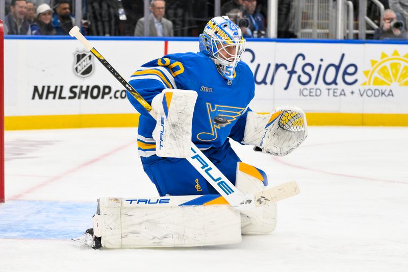 Oct 21, 2025; St. Louis, Missouri, USA; St. Louis Blues goaltender Jordan Binnington (50) defends the net against the Los Angeles Kings during the third period at Enterprise Center. Mandatory Credit: Jeff Curry-Imagn Images