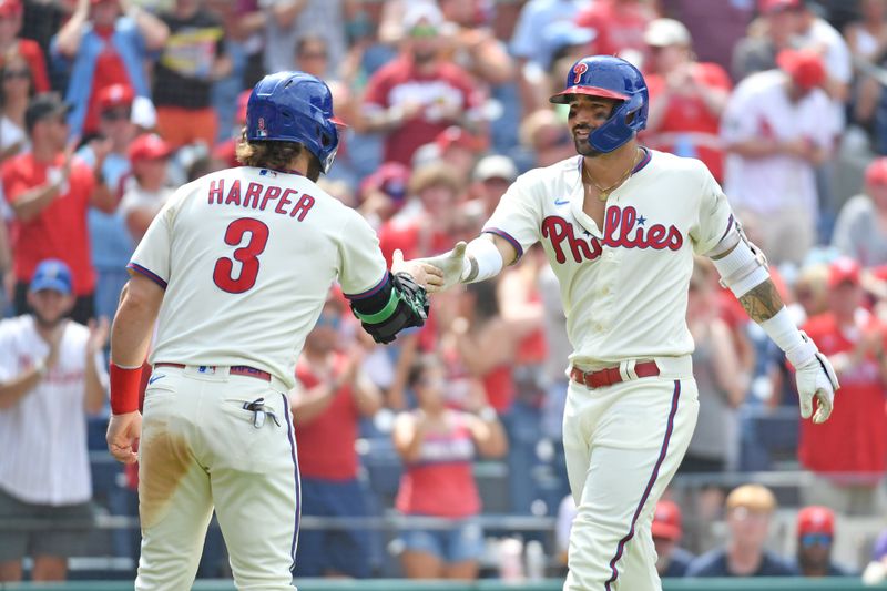 Aug 6, 2023; Philadelphia, Pennsylvania, USA; Philadelphia Phillies right fielder Nick Castellanos (8) celebrates his home run with designated hitter Bryce Harper (3) against the Kansas City Royals during the fifth inning at Citizens Bank Park. Mandatory Credit: Eric Hartline-USA TODAY Sports