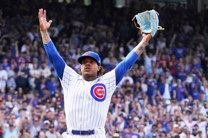 May 29, 2023; Chicago, Illinois, USA; Chicago Cubs starting pitcher Marcus Stroman (0) celebrates the win against the Tampa Bay Rays at Wrigley Field. Mandatory Credit: David Banks-USA TODAY Sports