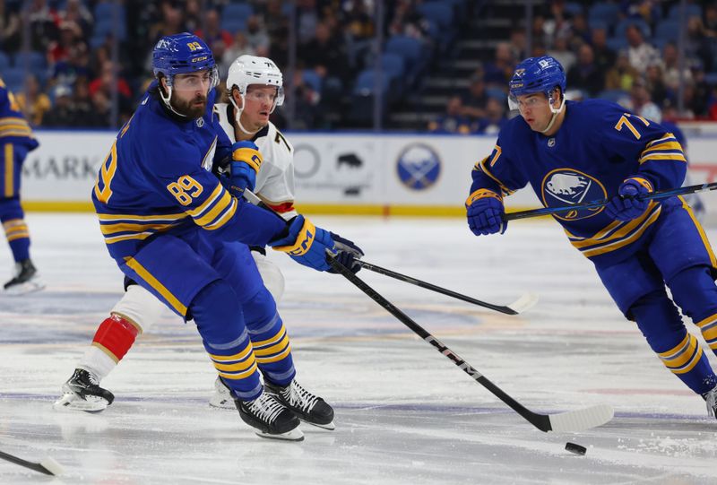 Oct 28, 2024; Buffalo, New York, USA;  Buffalo Sabres right wing Alex Tuch (89) skates with the puck during the second period against the Florida Panthers at KeyBank Center. Mandatory Credit: Timothy T. Ludwig-Imagn Images