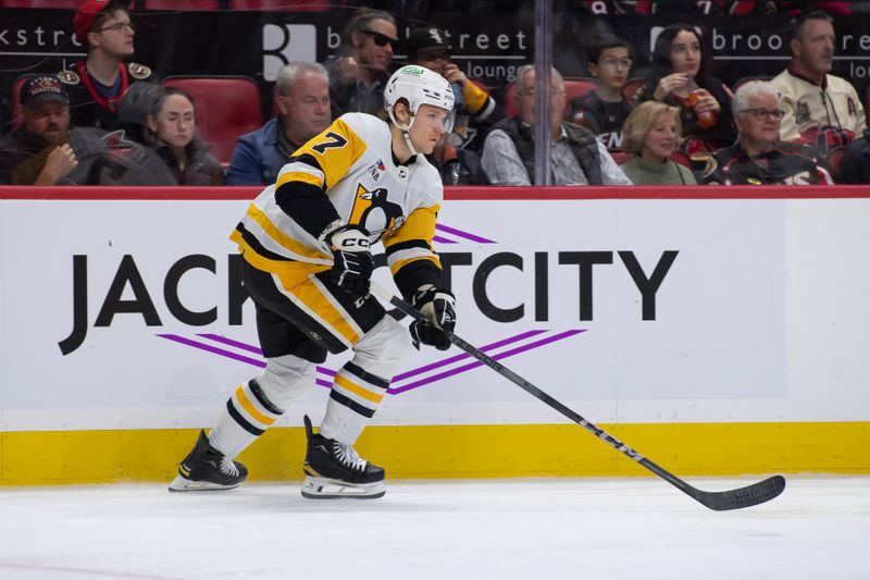 Mar 12, 2024; Ottawa, Ontario, CAN; Pittsburgh Penguins defenseman John Ludvig (7) skates in the first period against the Ottawa Senators at the Canadian Tire Centre. Mandatory Credit: Marc DesRosiers-USA TODAY Sports