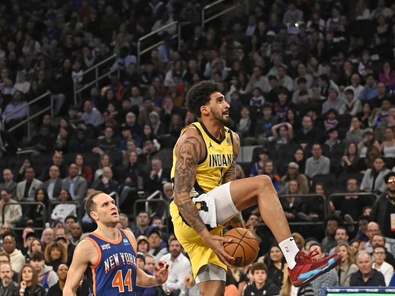 NEW YORK, NY - FEBRUARY 10: Obi Toppin #1 of the Indiana Pacers drives to the basket during the game against the New York Knicks on February 10, 2024 at Madison Square Garden in New York City, New York.  NOTE TO USER: User expressly acknowledges and agrees that, by downloading and or using this photograph, User is consenting to the terms and conditions of the Getty Images License Agreement. Mandatory Copyright Notice: Copyright 2024 NBAE  (Photo by David Dow/NBAE via Getty Images)