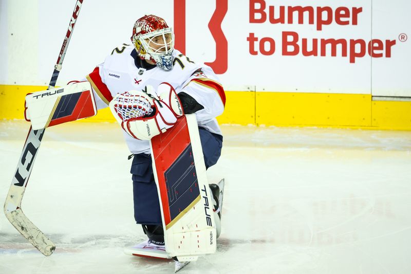 Dec 14, 2024; Calgary, Alberta, CAN; Florida Panthers goaltender Sergei Bobrovsky (72) during the warmup period against the Calgary Flames at Scotiabank Saddledome. Mandatory Credit: Sergei Belski-Imagn Images