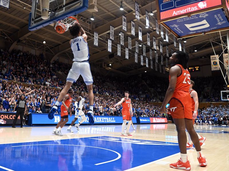 Feb 25, 2023; Durham, North Carolina, USA;  Duke Blue Devils center Dereck Lively (1) dunks during the second half against the Virginia Tech Hokies at Cameron Indoor Stadium. The Blue Devils won 81-65. Mandatory Credit: Rob Kinnan-USA TODAY Sports