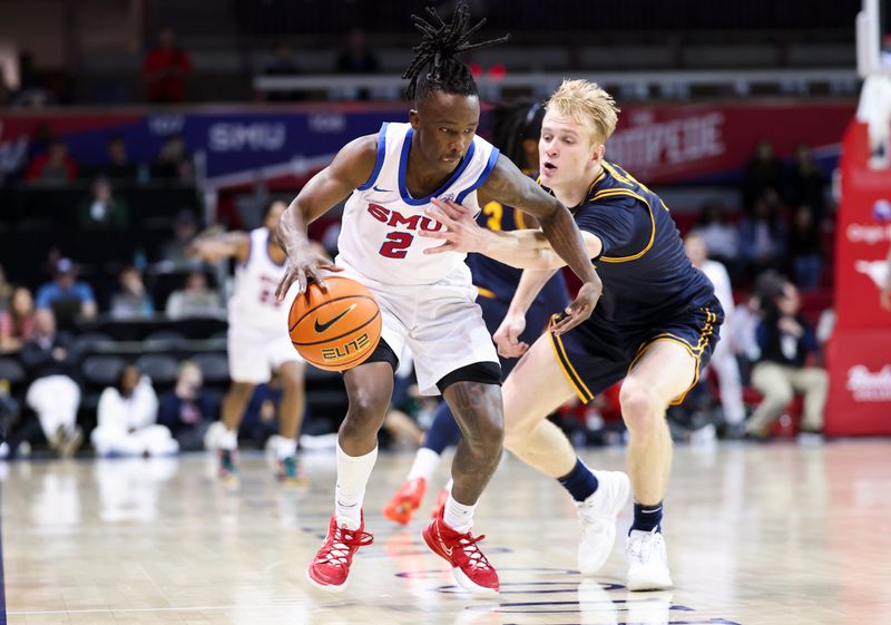 Jan 29, 2025; Dallas, Texas, USA;  dCalifornia Golden Bears forward Rytis Petraitis (31) tries to get the ball away from Southern Methodist Mustangs guard Boopie Miller (2) during the second half at Moody Coliseum. Mandatory Credit: Kevin Jairaj-Imagn Images