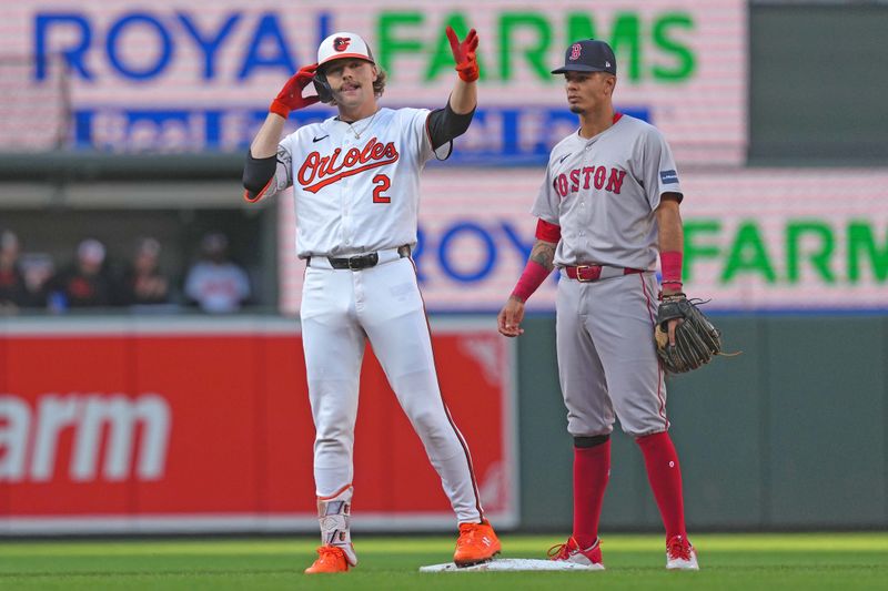 May 28, 2024; Baltimore, Maryland, USA; Baltimore Orioles shortstop Gunnar Henderson (2) reacts following a double in the first inning against the Boston Red Sox at Oriole Park at Camden Yards. Mandatory Credit: Mitch Stringer-USA TODAY Sports