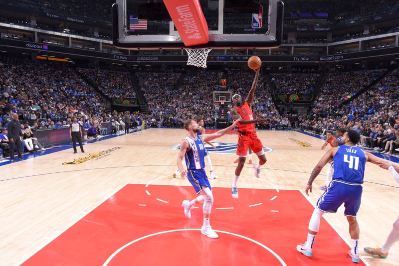 SACRAMENTO, CA - APRIL 14: Taze Moore #76 of the Portland Trailblazers goes to the basket during the game  on April 14, 2024 at Golden 1 Center in Sacramento, California. NOTE TO USER: User expressly acknowledges and agrees that, by downloading and or using this Photograph, user is consenting to the terms and conditions of the Getty Images License Agreement. Mandatory Copyright Notice: Copyright 2024 NBAE (Photo by Rocky Widner/NBAE via Getty Images)