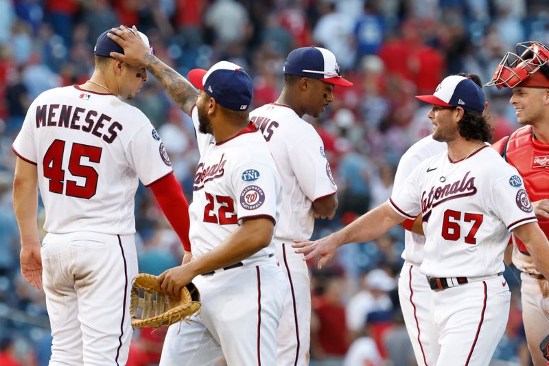 Aug 17, 2023; Washington, District of Columbia, USA; Washington Nationals designated hitter Joey Meneses (45) celebrates with Nationals first baseman Dominic Smith (22) after their game against the Boston Red Sox at Nationals Park. Mandatory Credit: Geoff Burke-USA TODAY Sports