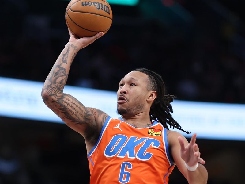 WASHINGTON, DC - JANUARY 12: Jaylin Williams #6 of the Oklahoma City Thunder shoots against the Washington Wizards during the first half at Capital One Arena on January 12, 2025 in Washington, DC. NOTE TO USER: User expressly acknowledges and agrees that, by downloading and or using this photograph, User is consenting to the terms and conditions of the Getty Images License Agreement. (Photo by Patrick Smith/Getty Images)