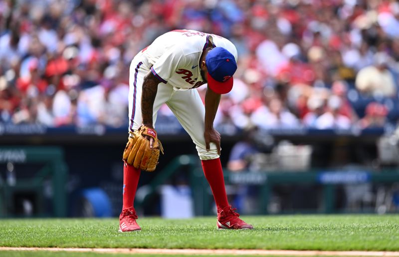 Aug 30, 2023; Philadelphia, Pennsylvania, USA; Philadelphia Phillies starting pitcher Cristopher Sanchez (61) reacts after allowing a run against the Los Angeles Angels in the fifth inning at Citizens Bank Park. Mandatory Credit: Kyle Ross-USA TODAY Sports